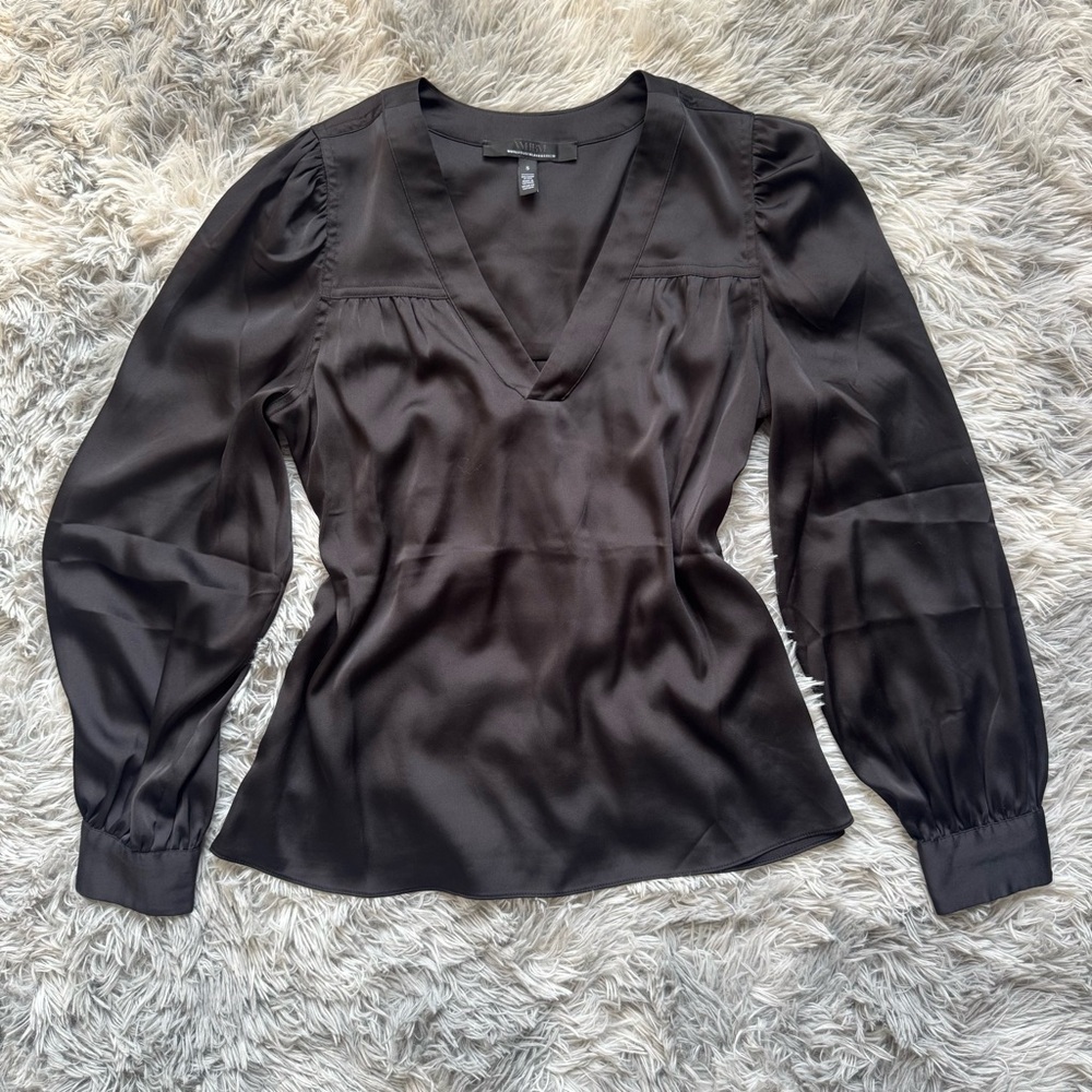 White House Black Market S Satin Black Blouse Oversized Boxy Flowy